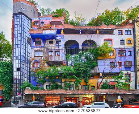 Vienna, Austria - 1 October 2018: Hundertwasser House, Hundertwasserhaus - Apartment House, Idea And