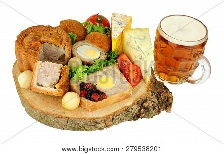 Traditional Ploughman's Buffet Lunch Ingredients With A Pint Of Beer Isolated On A White Background