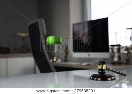Lawyers Office. Gavel And Computer On The White Table.