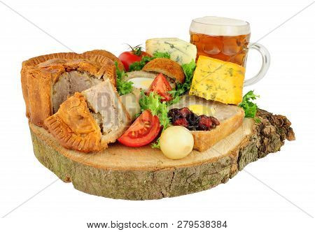 Traditional Ploughman's Buffet Lunch Ingredients With A Pint Of Beer Isolated On A White Background