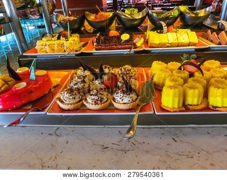 Sharm El Sheikh, Egypt - December 31, 2018: The Sweet Food In The Buffet Restaurant At Xperience Sea