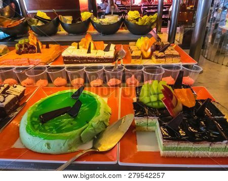 Sharm El Sheikh, Egypt - December 31, 2018: The Sweet Food In The Buffet Restaurant At Xperience Sea