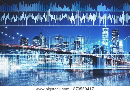 Forex Chart On Night City Background. Trade And Investment Concept. Double Exposure