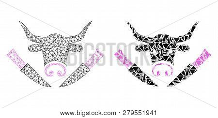 Mesh Vector Cow Butchery With Flat Mosaic Icon Isolated On A White Background. Abstract Lines, Trian