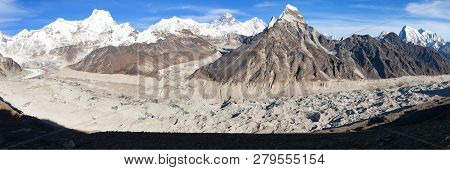 Panoramic Evening View From Gokyo Valley To Ngozumba Glacier And Mount Everest And Lhotse, Nepal Him