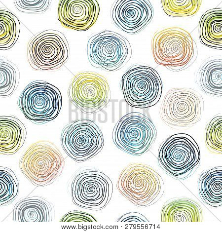 Hand Drawn Vector Abstract Rough Geometric Monochrome Seamless Spiral Pattern In Black And White Col