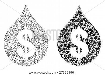 Mesh Vector Oil Drop Price With Flat Mosaic Icon Isolated On A White Background. Abstract Lines, Tri