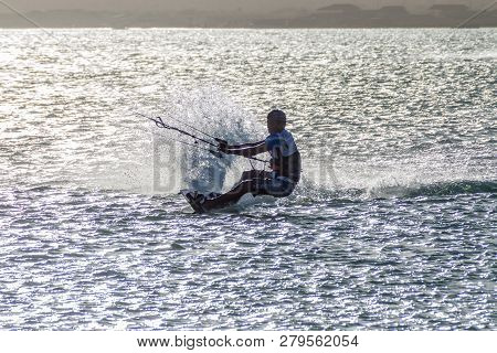 Cabo De La Vela, Colombia - August 23, 2015: Kitesurfer In A Sea Near Village Cabo De La Vela Locate