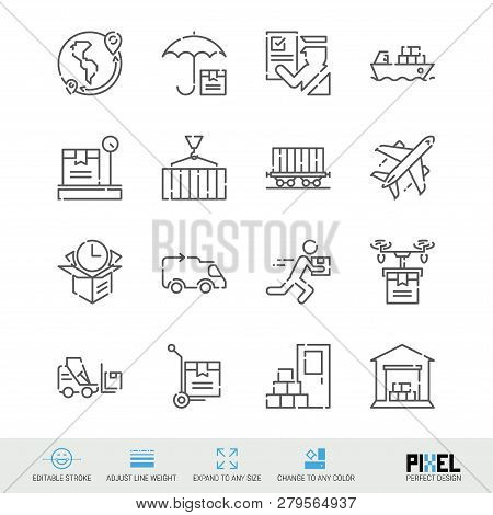 Vector Line Icon Set. Cargo Delivery Related Linear Icons. Cargo Delivery Symbols, Pictograms. Pixel