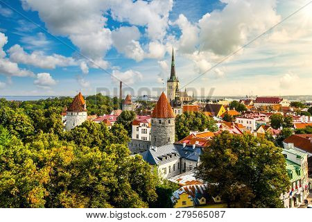 Afternoon View Overlooking The Medieval Walled City Of Tallinn Estonia On An Early Autumn Day In The