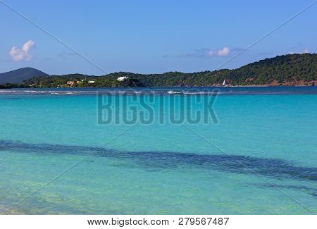 The Azure Waters Of The Caribbean Sea Near The Island Of St. Thomas, Usvi. The Tropical Climate And 
