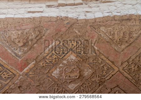 Decorated Wall At Archeological Site Huaca Del Sol Y De La Luna Temple Of The Sun And The Moon In Tr