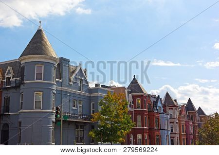Historic Townhouses Of Shaw Neighborhood In Washington Dc. Residential Row Houses In Us Capital In E