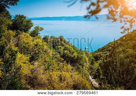 Ultra Wide Panormaic View Of Idyllic Valley Town With Red Roofs On Mediterranean Island. Olive Grove
