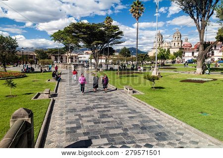 Cajamarca, Peru - June 8, 2015: Plaza De Armas Square With A Cathedral In Cajamarca, Peru.