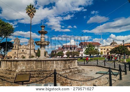 Cajamarca, Peru - June 8, 2015: Plaza De Armas Square With A Cathedral In Cajamarca, Peru.