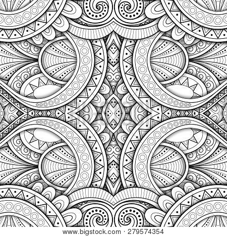 Monochrome Seamless Tile Pattern, Fancy Kaleidoscope. Endless Ethnic Texture With Abstract Design El