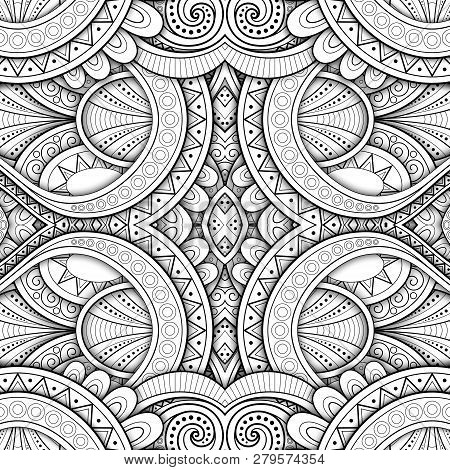 Monochrome Seamless Tile Pattern, Fancy Kaleidoscope. Endless Ethnic Texture With Abstract Design El