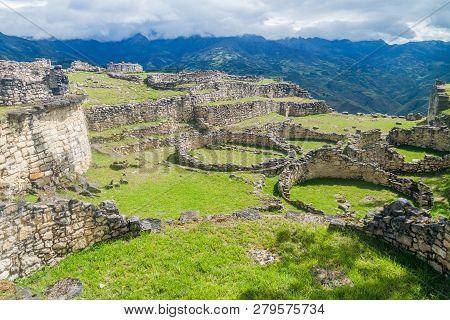 Ruins Of Round Houses Of Kuelap, Ruined Citadel City Of Chachapoyas Cloud Forest Culture In Mountain