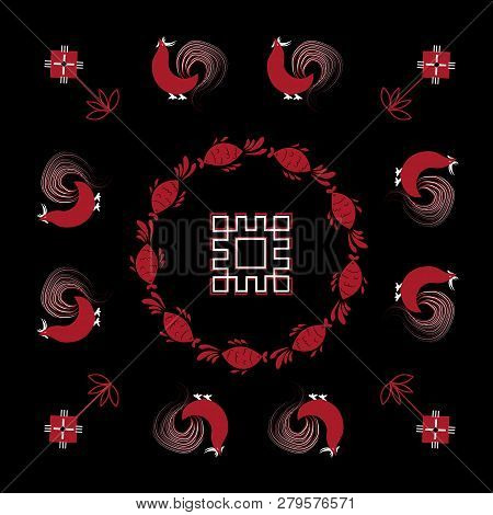 Set With Decorative Elements Of Cosmogonic Traditional Folk Art Of Northern Region Of Russia. Mezens
