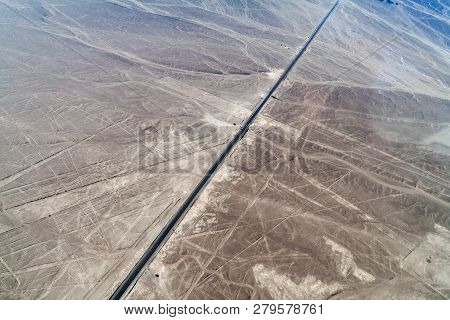 Aerial View Panamericana Highway Crossing The Geoglyphs Near Nazca - Famous Nazca Lines, Peru. On Th