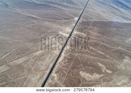 Aerial View Panamericana Highway Crossing The Geoglyphs Near Nazca - Famous Nazca Lines, Peru. On Th
