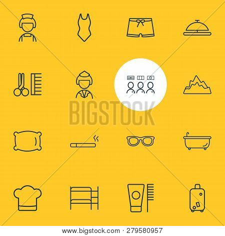 Vector Illustration Of 16 Hotel Icons Line Style. Editable Set Of Men Swimwear, Swimsuit, Servant An