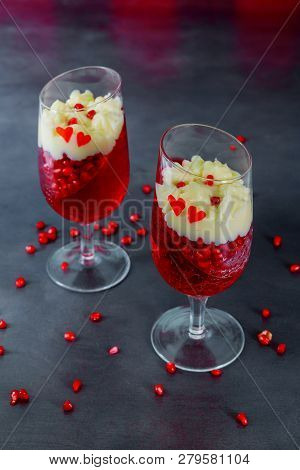 Closeup Pomegranate Jelly Panakota Dessert Decorated With Cream In Glass Red Heart Valentines Day
