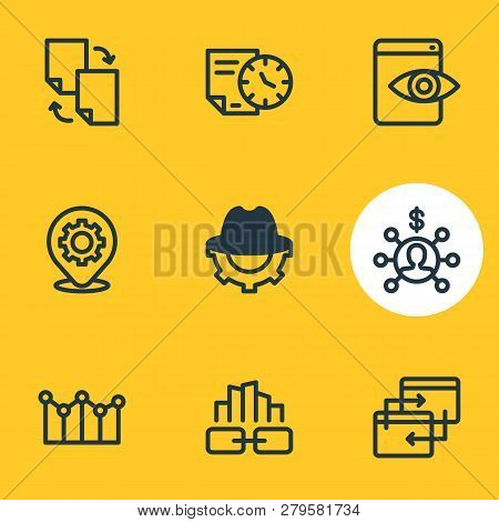 Illustration Of 9 Advertisement Icons Line Style. Editable Set Of Link Building, Longtime Contract, 