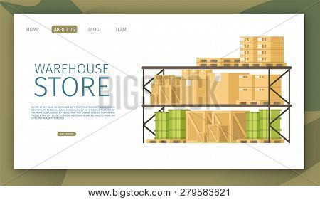 Goods, Cargo And Weight Load On Shelf In Warehouse. Storage Freight, Green Barrel On Pallet, Wooden 