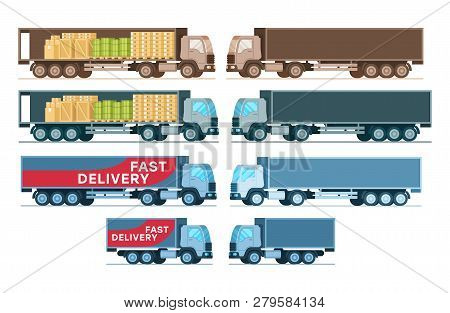 Side View Of Cargo Express Delivery Truck Set. Factory Warehouse Shipping Transportation Equipment. 