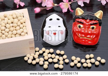 Japanese Traditional Event, Soybeans And Mask Of Demon Are Used On An Annual Event /setsubun.