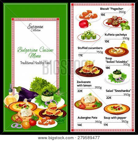 Cuisine Of Bulgaria, Vector Restaurant Menu With Soups And Salads. Biscuit And Kufteta Yachniya, Stu