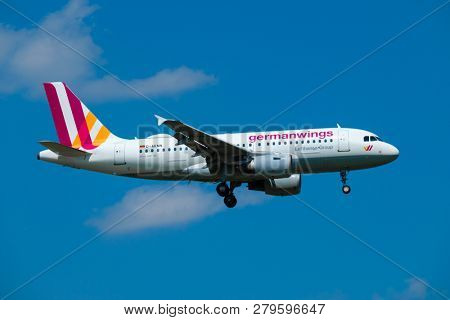 Zurich, Switzerland - July 19, 2018: Germanwings airlines airplane preparing for landing at day time in international airport