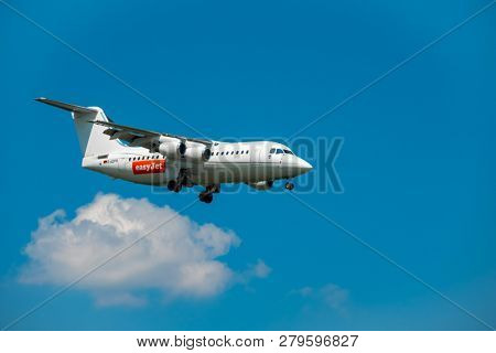 Zurich, Switzerland - July 19, 2018: EasyJet Airline Company airplane preparing for landing. EasyJet Airline Company Limited is a British low-cost carrier airline headquartered at London Luton Airport