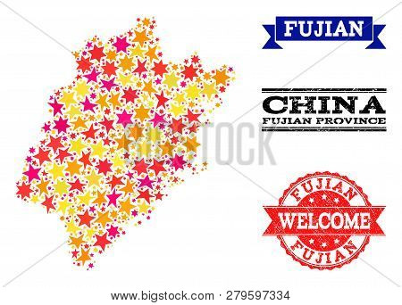 Mosaic Map Of Fujian Province Formed With Colored Flat Stars, And Grunge Textured Stamps, Isolated O