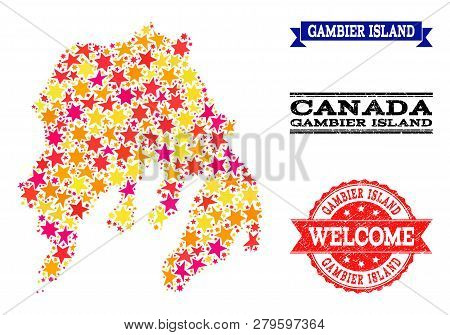 Mosaic Map Of Gambier Island Composed With Colored Flat Stars, And Grunge Textured Stamps, Isolated 