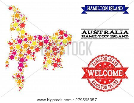 Mosaic Map Of Hamilton Island Composed With Colored Flat Stars, And Grunge Textured Stamps, Isolated