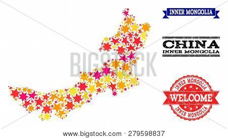 Mosaic Map Of Inner Mongolia Formed With Colored Flat Stars, And Grunge Textured Stamps, Isolated On