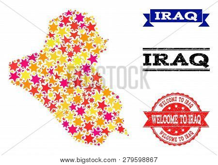 Mosaic Map Of Iraq Designed With Colored Flat Stars, And Grunge Textured Stamps, Isolated On An Whit