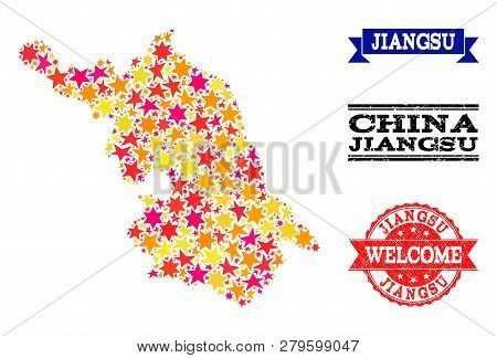 Mosaic Map Of Jiangsu Province Composed With Colored Flat Stars, And Grunge Textured Stamps, Isolate