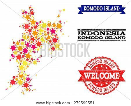 Mosaic Map Of Komodo Island Designed With Colored Flat Stars, And Grunge Textured Stamps, Isolated O