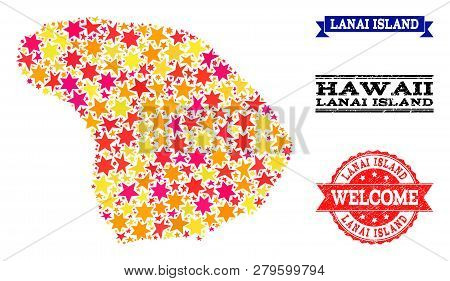 Mosaic Map Of Lanai Island Created With Colored Flat Stars, And Grunge Textured Stamps, Isolated On 