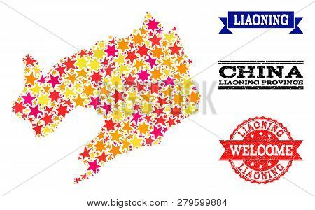 Mosaic Map Of Liaoning Province Formed With Colored Flat Stars, And Grunge Textured Stamps, Isolated