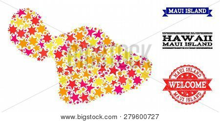 Mosaic Map Of Maui Island Formed With Colored Flat Stars, And Grunge Textured Stamps, Isolated On An