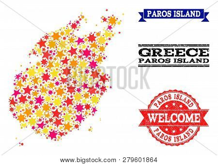 Mosaic Map Of Paros Island Designed With Colored Flat Stars, And Grunge Textured Stamps, Isolated On