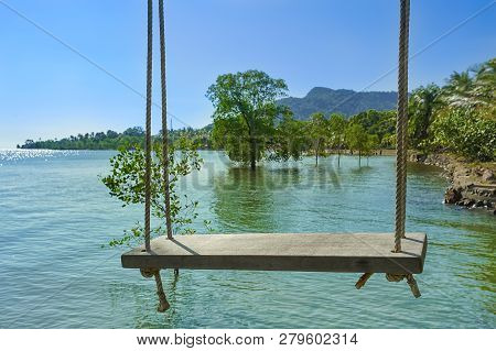 Wood Swing With The Sea Background In Koh Chang, Trad, Thailand.