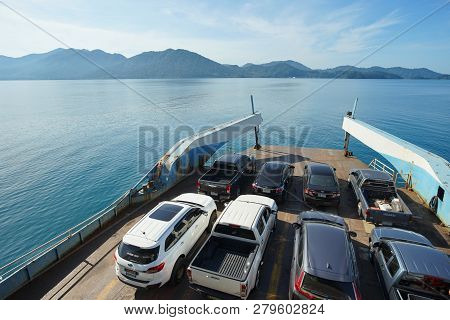Trad, Thailand - December 02, 2018: A Lot Of Cars On Ferry Boat To The Popular Travel Destination Ko
