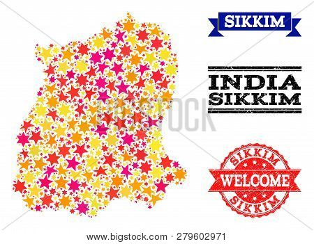 Mosaic Map Of Sikkim State Designed With Colored Flat Stars, And Grunge Textured Stamps, Isolated On