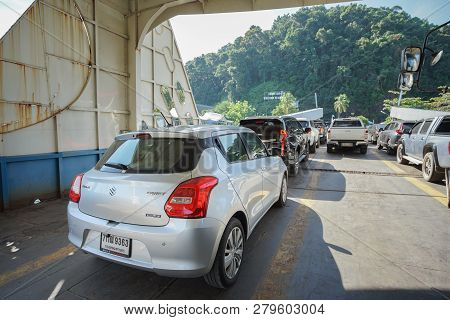 Trad, Thailand - December 02, 2018: A Lot Of Cars On Ferry Boat To The Popular Travel Destination Ko